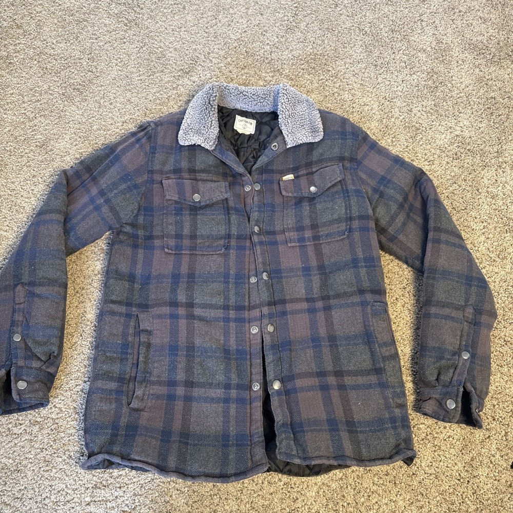 Captain Fin Quilted Flannel Jacket Coat Navy Blue S Sherpa Collar‎ Insulated